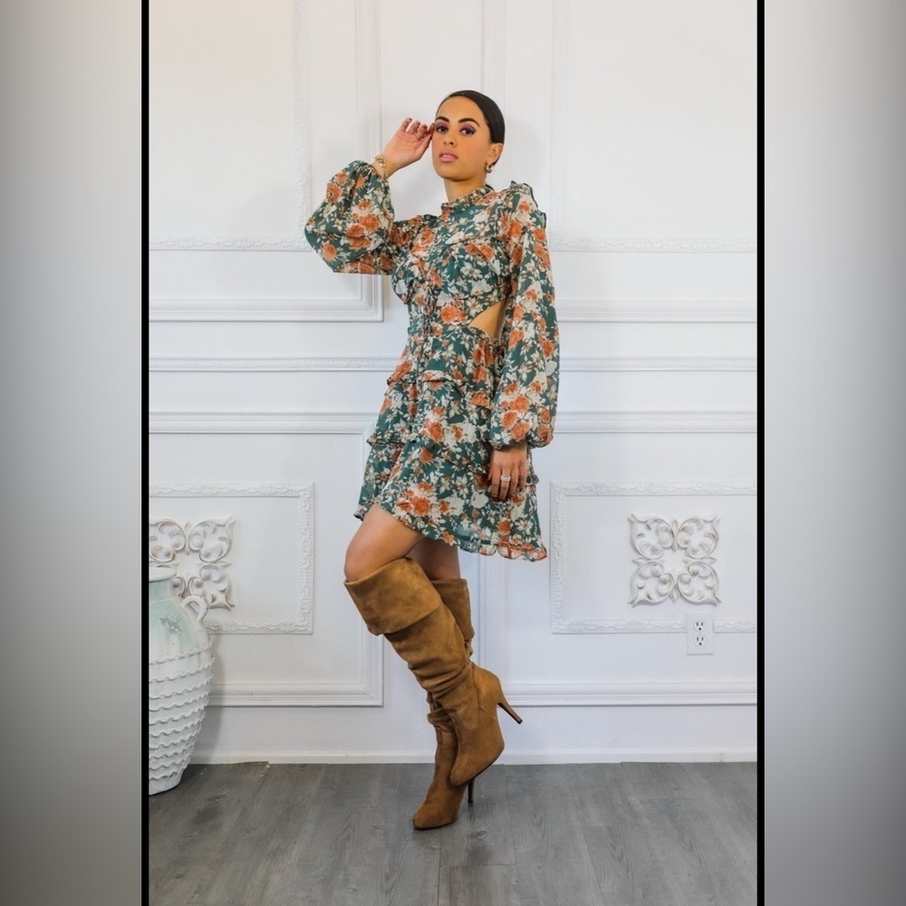 Floral Green and Orange Women's Dress - Picture 2 of 6